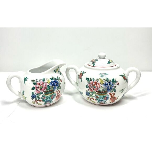 Vintage Bombay Co 3pc Set Porcelain Covered Sugar Bowl & Creamer Set - Picture 3 of 7